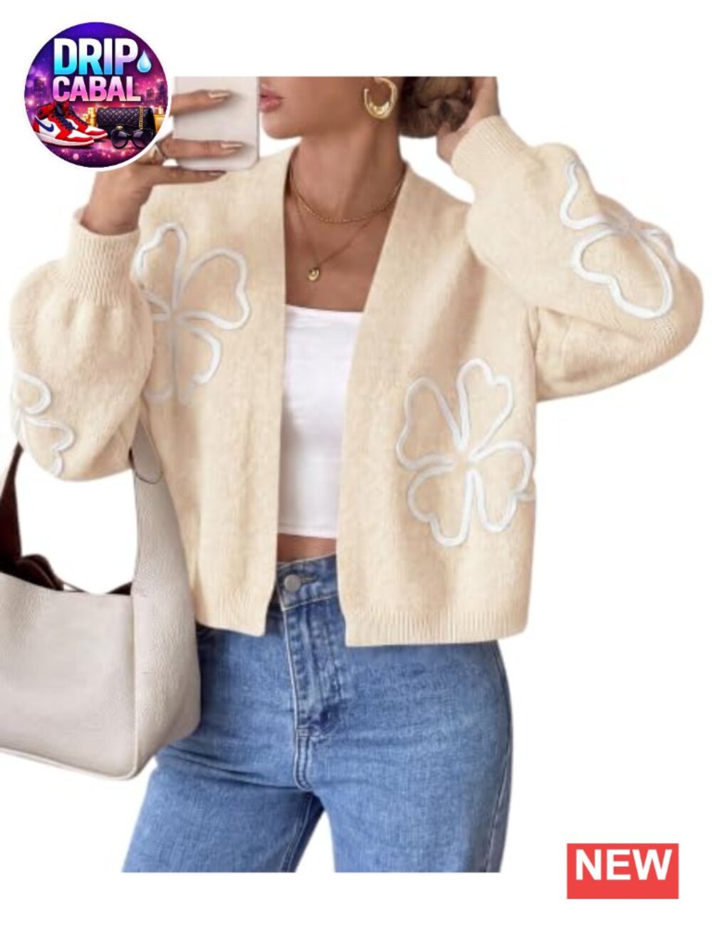 Women's Floral Oversized Cardigan Balloon Sleeve V-Neck Knit Sweater